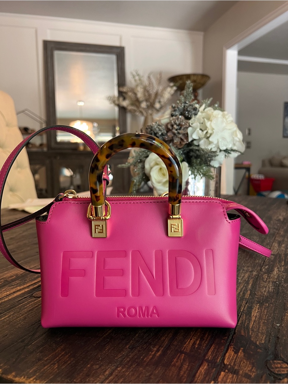 Fendi By The Way Leather Mini Bag Purse Crossbody Tortoiseshell Top Handles Pink